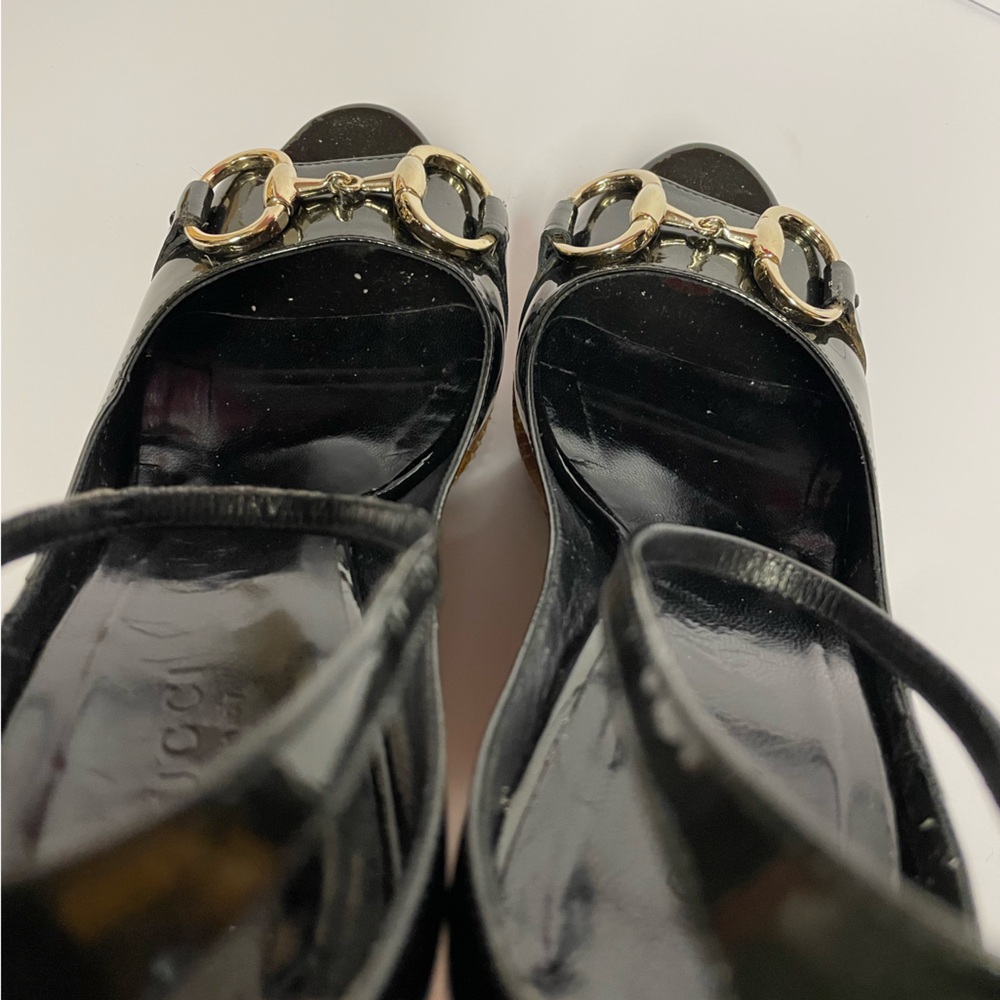 Gucci patent leather ankle strap Black Wedge Sandals pumps heels 6.5 B - Picture 7 of 10